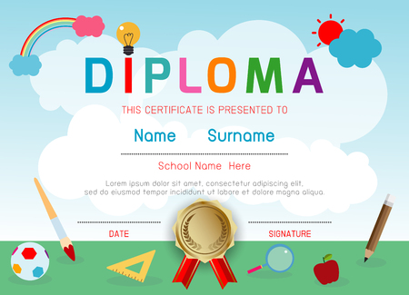 Certificates kindergarten and elementary, Preschool Kids Diploma certificate pattern design template, Diploma template for kindergarten students, Certificate of kids diplomaのイラスト素材