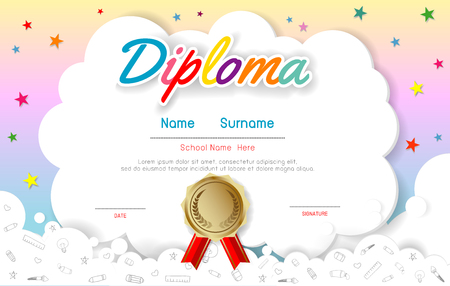 Certificates kindergarten and elementary, Preschool Kids Diploma certificate pattern design template, Diploma template for kindergarten students, Certificate of kids diplomaのイラスト素材