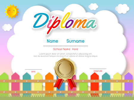 Certificates kindergarten and elementary, Preschool Kids Diploma certificate pattern design template, Diploma template for kindergarten students, Certificate of kids diplomaのイラスト素材
