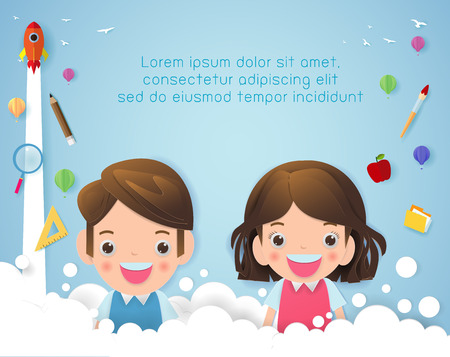 Paper art of back to school, kids school, education concept, Kids go to school, Banner Template for advertising brochure, Paper cut and craft style. Origami Vector illustration.のイラスト素材