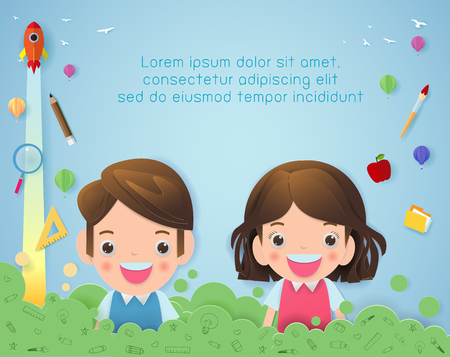 Paper art of back to school, kids school, education concept, Kids go to school, Banner Template for advertising brochure, Paper cut and craft style. Origami Vector illustration.のイラスト素材