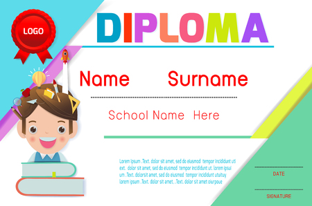 Certificates kindergarten and elementary, Preschool Kids Diploma certificate pattern design template, Diploma template for kindergarten students, Certificate of kids diplomaのイラスト素材