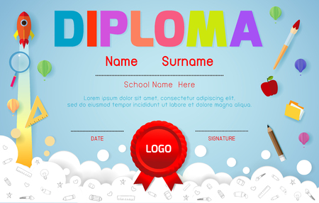 Certificates kindergarten and elementary, Preschool Kids Diploma certificate pattern design template, Diploma template for kindergarten students, Certificate of kids diplomaのイラスト素材