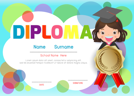 Certificates kindergarten and elementary, Preschool Kids Diploma certificate pattern design template, Diploma template for kindergarten students, Certificate of kids diplomaのイラスト素材