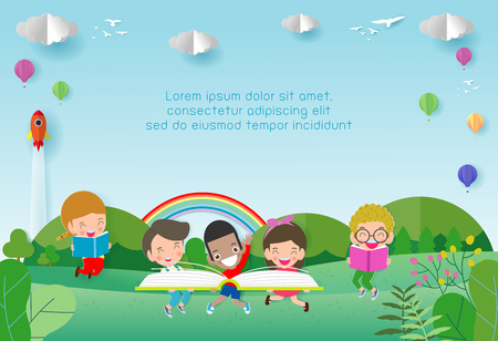 back to school, kids school, education concept, Kids go to school, Template for advertising brochure, your text,Kids and frame,child and frame,Vector Illustration, cartoon happy children.Illustrationのイラスト素材