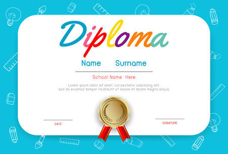 Certificates kindergarten and elementary, Preschool Kids Diploma certificate pattern design template, Diploma template for kindergarten students, Certificate of kids diplomaのイラスト素材