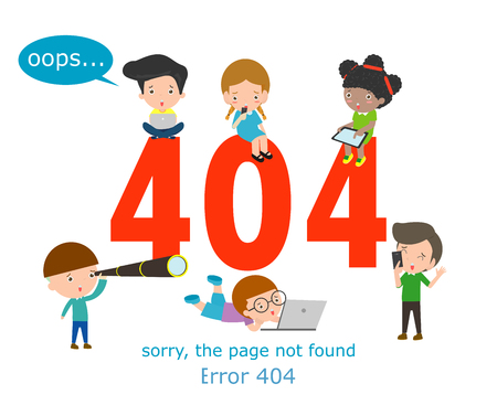 404 error page not found concept, kids using laptops having problems with website. Flat design of boy and girl sitting near big symbol 404 on white background Vector Illustrationのイラスト素材