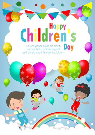 Happy children day background, children's day poster with happy kids Template for advertising brochure your text ,Vector Illustrationのイラスト素材
