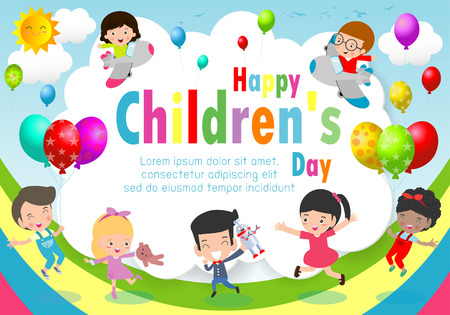 Happy children day background, children's day poster with happy kids Template for advertising brochure your text ,Vector Illustrationのイラスト素材