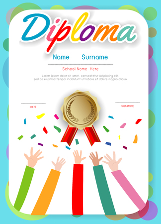 Certificates kindergarten and elementary, Preschool Kids Diploma certificate pattern design template, Diploma template for kindergarten students, Certificate of kids diplomaのイラスト素材