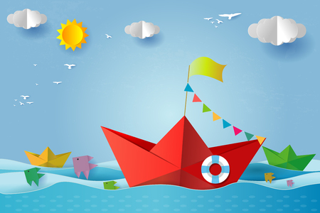 origami boat sailing in the ocean, travel concept Template for advertising brochure, your text, paper art and digital craft style, leadership concept, flat Vector illustration.のイラスト素材