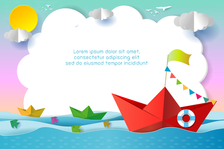 origami boat sailing in the ocean, travel concept Template for advertising brochure, your text, paper art and digital craft style, leadership concept, flat Vector illustration.のイラスト素材