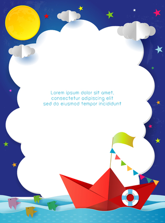 origami boat sailing in the ocean at night, travel concept Template for advertising brochure, your text, paper art and digital craft style, leadership concept, flat Vector illustration.のイラスト素材