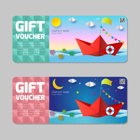 Gift travel voucher, travelling promo card,cute gift voucher certificate coupon design template, travel voucher origami boat sailing in the ocean,Vector illustrationのイラスト素材