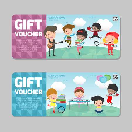 Gift voucher template with colorful pattern,cute gift voucher certificate coupon design template, kids voucher Vector illustrationのイラスト素材