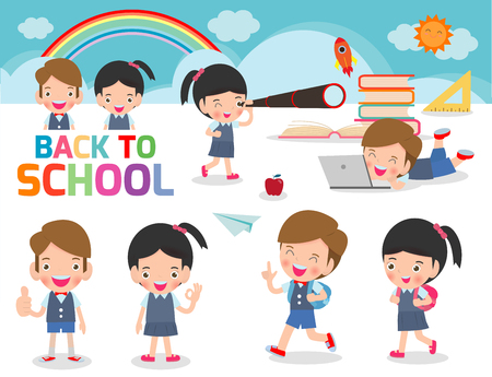 Set of school kids in education concept, back to school template with children, child go to school, back to school, Vector Illustration.のイラスト素材