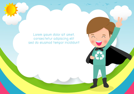 Superhero Recycling kid on background,Template for advertising brochure,your text ,Cute little Superhero Children's, Kids and frame,child and frame,Vector Illustrationのイラスト素材