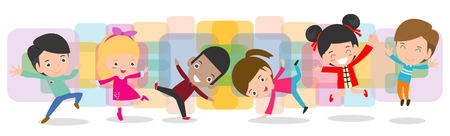 kid dancing together, Children dancing break dance. boys and girls dancer, Happy multiracial child jumping on background colorful isolated vector illustrationのイラスト素材