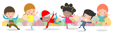 kid dancing together, Children dancing break dance. boys and girls dancer, Happy multiracial child jumping on background colorful isolated vector illustrationのイラスト素材