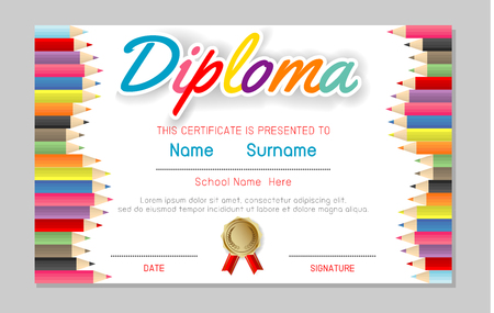 Certificate kids diploma, kindergarten template layout space background frame design vector. Diploma template for kindergarten students, Certificate of kids diploma, education preschool concept.