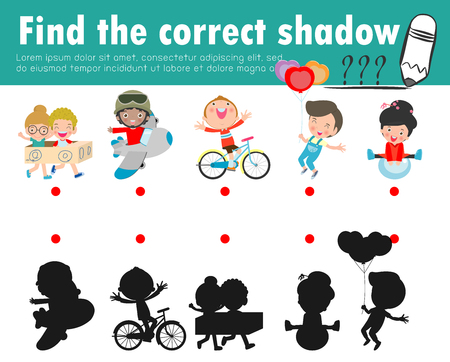 Cute little children,Find the correct shadow. Educational game for child, Shadow Matching Game for kids, Visual game for kid. Connect the dots picture, Education Vector Illustration.のイラスト素材