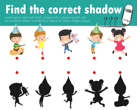 Cute little children,Find the correct shadow. Educational game for child, Shadow Matching Game for kids, Visual game for kid. Connect the dots picture, Education Vector Illustration.のイラスト素材