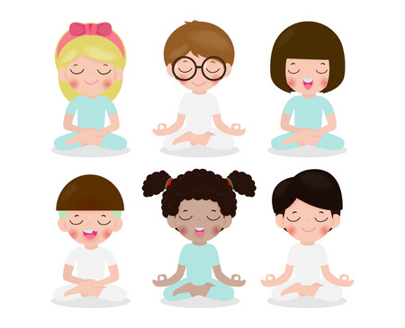 collection of kid meditating in lotus pose. Cute cartoon children yoga and meditation vector illustration in flat style isolated on white backgroundのイラスト素材