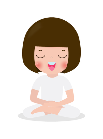 kid meditating in lotus pose. Cute cartoon children yoga and meditation vector illustration in flat style.のイラスト素材