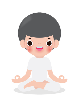 kid meditating in lotus pose. Cute cartoon children yoga and meditation vector illustration in flat style.のイラスト素材
