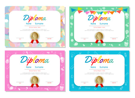 set of Certificates kindergarten and elementary, Preschool Kids Diploma certificate pattern design template, Diploma template for kindergarten  kids students.のイラスト素材