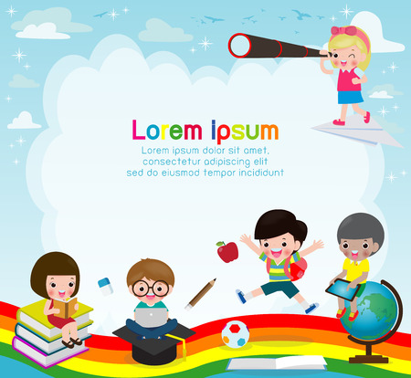 back to school, Cute school kids, education concept, children on the rainbow, Template for advertising brochure, your text,Kids and frame,child and frame,happy cartoon background Vector Illustrationのイラスト素材