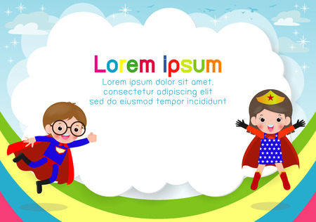 Superhero kid on background,Template for advertising brochure,your text ,Cute little Superhero Children's, Kids and frame,child and frame,Vector Illustrationのイラスト素材