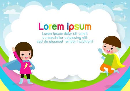 Superhero kid on background,Template for advertising brochure,your text ,Cute little Superhero Children's, Kids and frame,child and frame,Vector Illustrationのイラスト素材