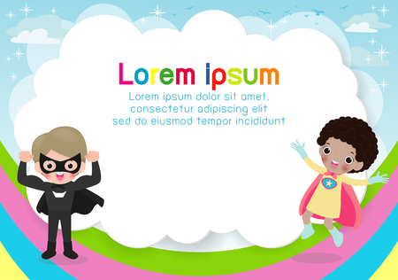 Superhero kid on background,Template for advertising brochure,your text ,Cute little Superhero Children's, Kids and frame,child and frame,Vector Illustrationのイラスト素材