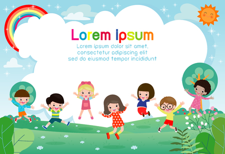 Happy children jumping and dancing on the park, kids activities,  children playing in playground, Template for advertising brochure,your text, flat Funny cartoon character,design Vector Illustrationのイラスト素材