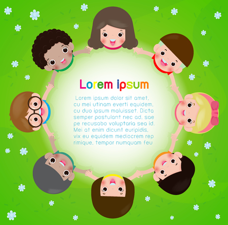 kids holding hands in a circle  on the meadow, Children's Day or Earth Day. friendship day. Template for advertising brochure Vector illustrationのイラスト素材