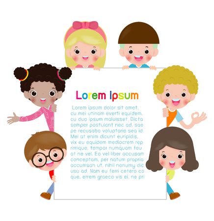 kids holding sign, children peeping behind placard, happy children, Cute little kids on white background,Vector Illustrationのイラスト素材
