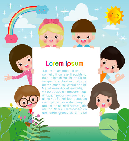 kids holding sign, children peeping behind placard, happy children, Cute little kids on background,Vector Illustrationのイラスト素材
