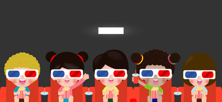children watching movie, Happy kids going to a movie together, movie and clapper and popcorn, child watching a movie in 3D, cinema. Vector Illustrationのイラスト素材