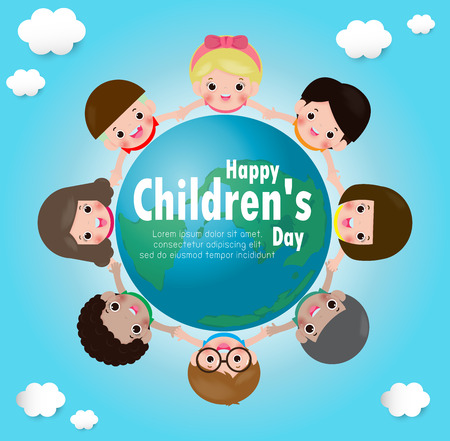 International Children's Day. kids holding hands in a circle on the globe. poster with happy kids around the world vector illustrationのイラスト素材