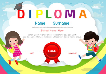 Certificates kindergarten and elementary, Preschool Kids Diploma certificate pattern design template, Diploma template for kindergarten students, Certificate of kids diplomaのイラスト素材