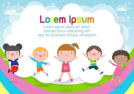 Kids jumping on the rainbow, children jump with joy, happy cartoon child playing on playground background, Template for advertising brochure,your text , Kids and frame,Vector Illustrationのイラスト素材