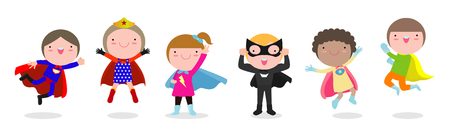 Cartoon set of Kids Superheroes wearing comics costumes, children With Super hero Costumes set, child in Superhero costume characters isolated on white background, Cute little Superhero Children'sのイラスト素材