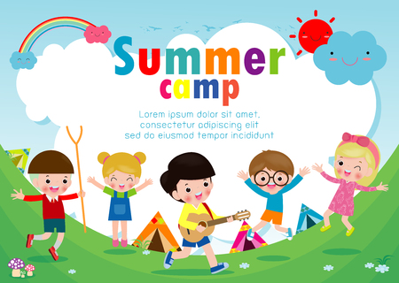 kids summer camp education Template for advertising brochure, children doing activities on camping , poster flyer template, your text ,Vector Illustrationのイラスト素材