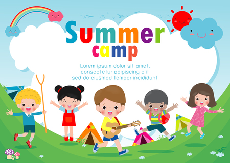 kids summer camp education Template for advertising brochure, children doing activities on camping , poster flyer template, your text ,Vector Illustrationのイラスト素材