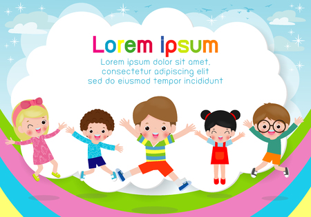 Kids jumping on the rainbow, children jump with joy, happy cartoon child playing on playground background, Template for advertising brochure,your text , Kids and frame,Vector Illustrationのイラスト素材