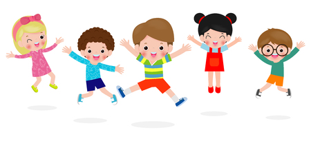 Happy kids jumping and dancing together, children playing isolated on white background, Vector illustrationのイラスト素材