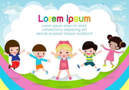 Kids jumping on the rainbow, children jump with joy, happy cartoon child playing on playground background, Template for advertising brochure,your text , Kids and frame,Vector Illustrationのイラスト素材