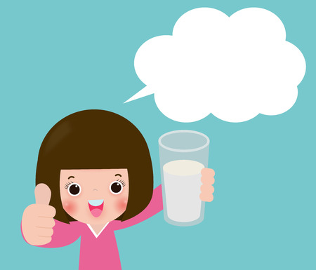 Cute kid holding glass of drinking milk with speech bubbles, Thumbs up. Healthy Concepts Vector Illustration Isolated on background.のイラスト素材