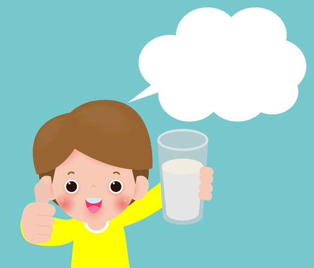 Cute kid holding glass of drinking milk with speech bubbles, Thumbs up. Healthy Concepts Vector Illustration Isolated on background.のイラスト素材